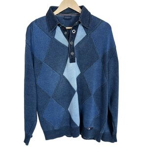 Blue‎ Willi's Sweater Men's L Blue Argyle Diamond Collared Snap Pullover Danish